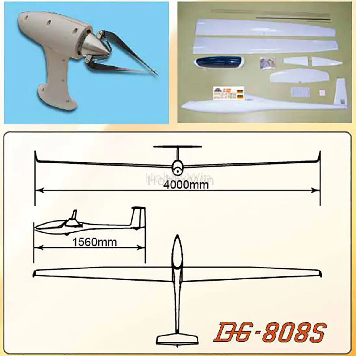 DG-808S Electric Glider 4000mm ARF with Motor Spinner Propeller Esc Servo RC Model Sailplane fiberglass fuselage & wood wings