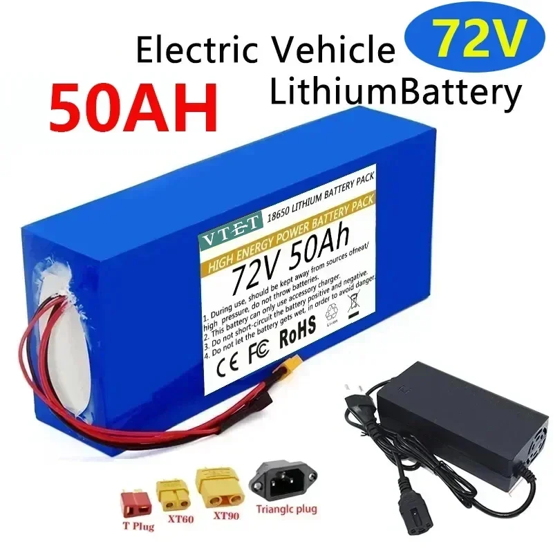 VTET 2024 New 72V 50-20Ah 18650 Lithium Battery Pack, 3000W High Power Battery with High Range A-Class Cells and Free 3A Charger