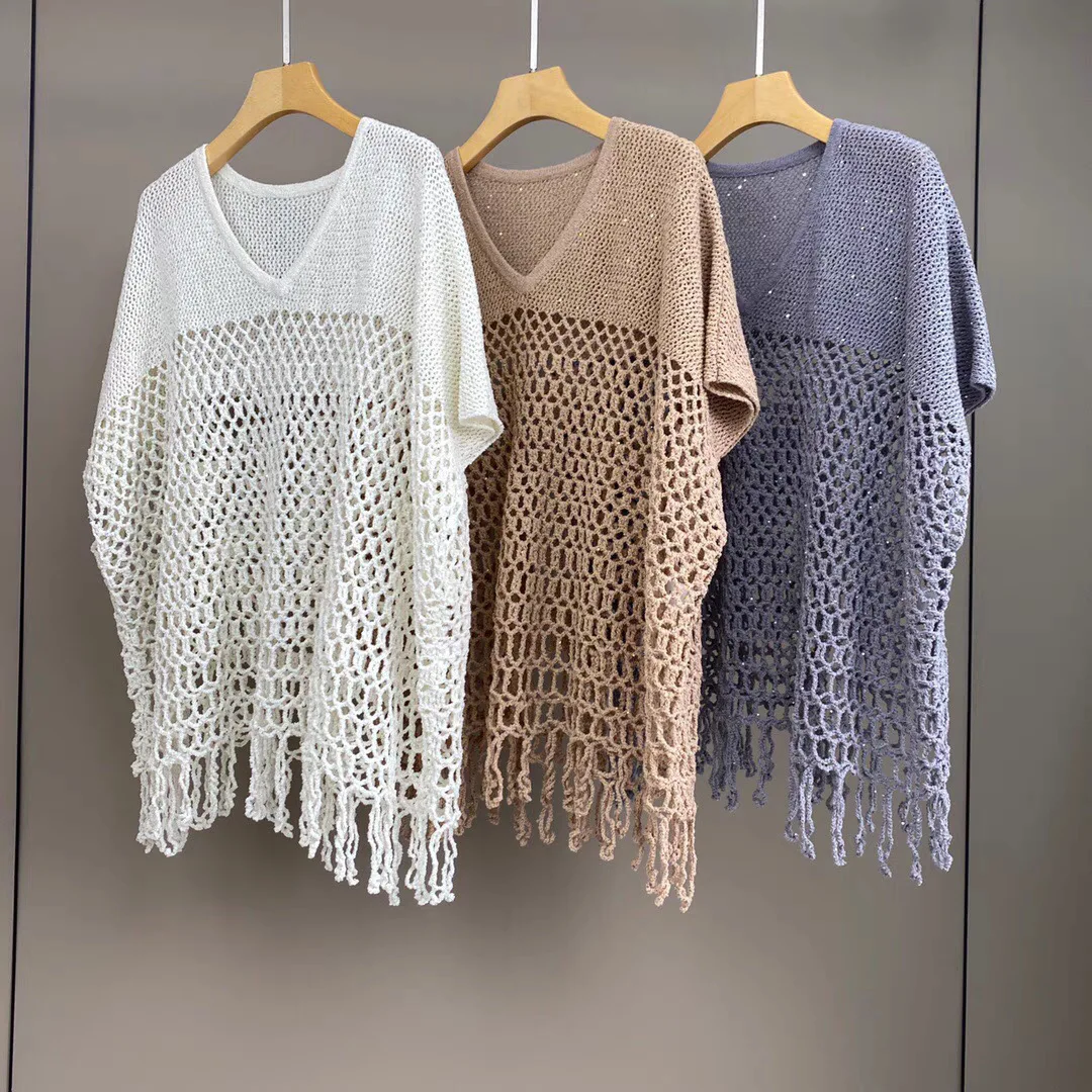 Women Sequin Tassel Sweater Hollow Out V-Neck Short Sleeve Solid Color Elegant Autumn 2024 Knitted Pullover