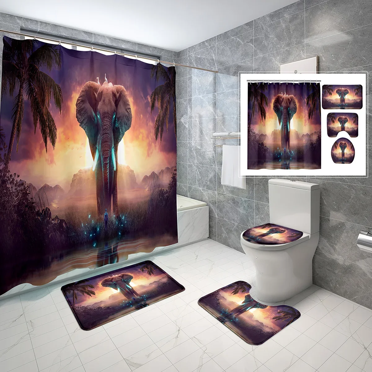 4 Pcs Fantasy Elephant Shower Curtain Sets with Toilet Lid Cover and Non-slip Bath Rug Dream Style Waterproof Shower Curtain Set