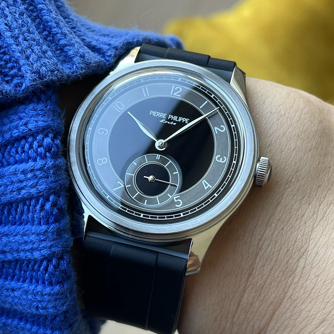 PIERRE PHILIPPE Field นาฬิกาสีเทา Dial Vintage นาฬิกาผู้ชายไพลินคริสตัล Bubble Glass Mechanical Manual Hand Wind นาฬิกา