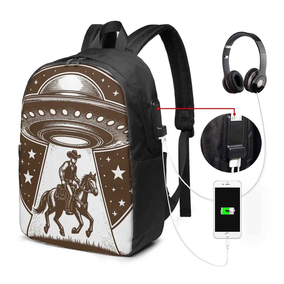 Alien UFO Encounter Cowboy Design Backpack Travel Notebook Bag Computer College Student School Bag Laptop Shoulder Bags
