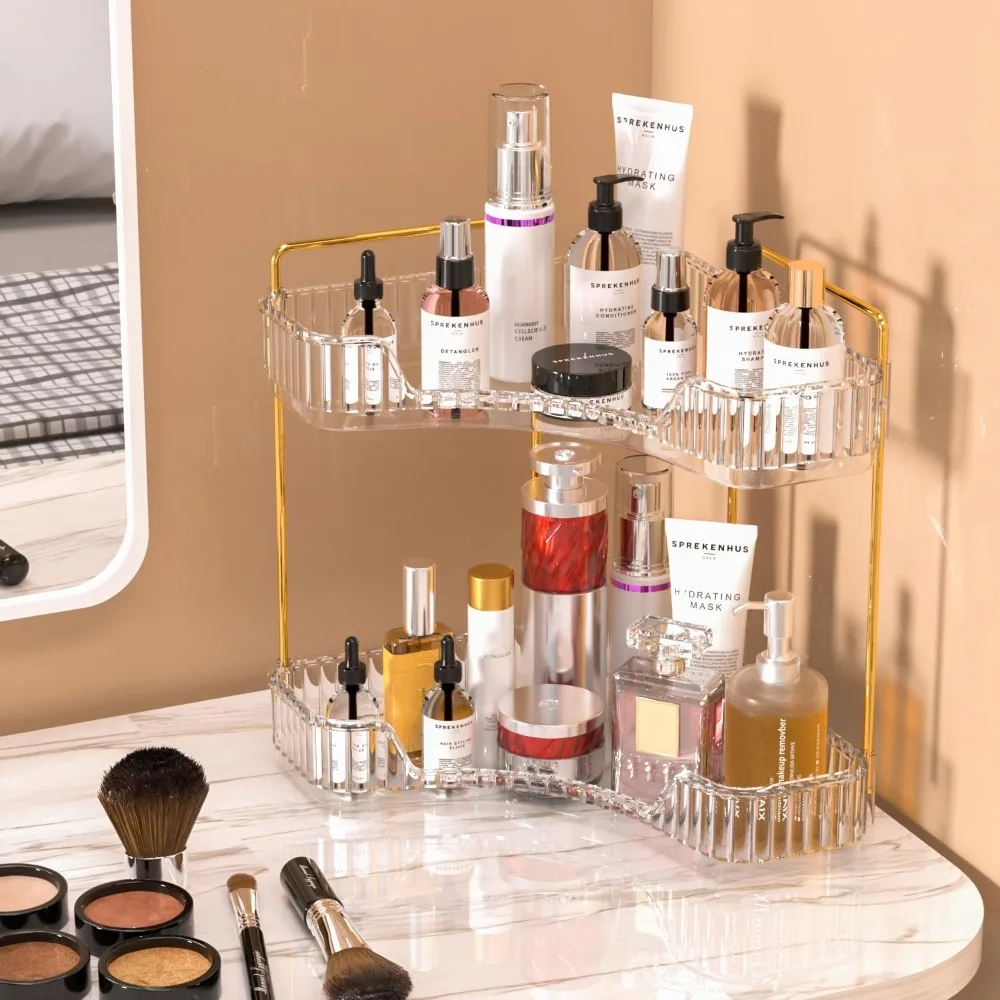 90° Corner Counter Storage Organizer Kit - 2-Tier Clear, 3-Tier Amber Gold Tinted U-Shaped Vanity Rack for Bedroom Dresser, Beauty-Lovers, Corner-Fit, Tall Anti-Fall Guard Rails, Waterproof Anti-Rust Gold Metal Frame, Tool-Free Easy Assembly