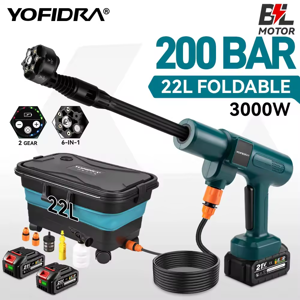 מכונת שטיפה בלחץ גבוה YOFIDRA 200Bar ללא מברשות, אקדח מים חשמלי עם דלי, אקדח ריסוס לניקוי רכבים, מתאים לסוללת Makita 21V