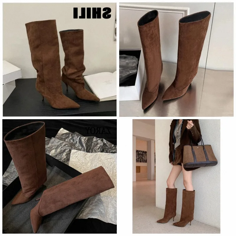 Brand Designer Pointed 8cm High Heels Boots Knee High Women's Boots Suede Versatile Mid Boots Banquet Booties Botines De Mujer