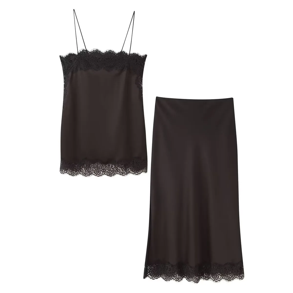 Withered Fashion Satin Texture Lace Patchwork Top And Skirt Set For Women Skirt Woman Clothing Faldas Skirts