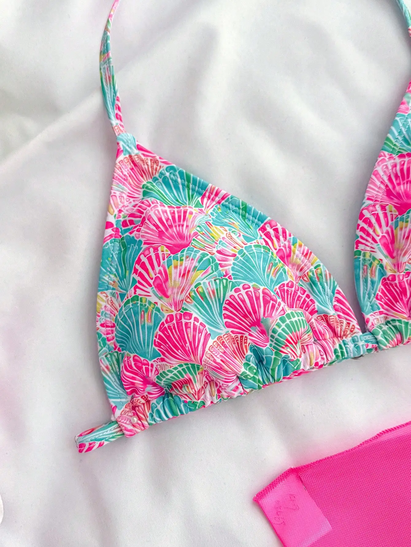 

3 Piece Pink Shell Print Bikini Set Beach Vacation Style