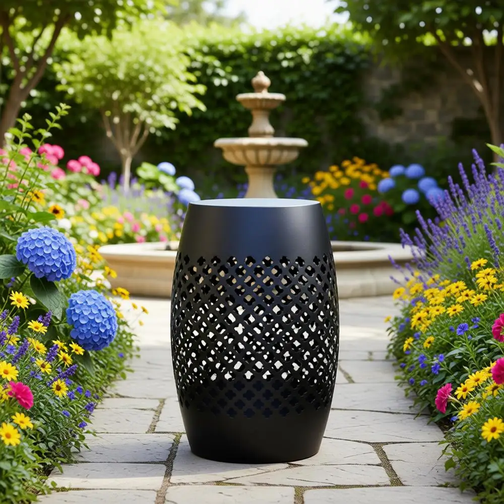 

12.5 Round Steel Patio Side Table, Hollow Drum Design, Outdoor and Indoor Use, Black