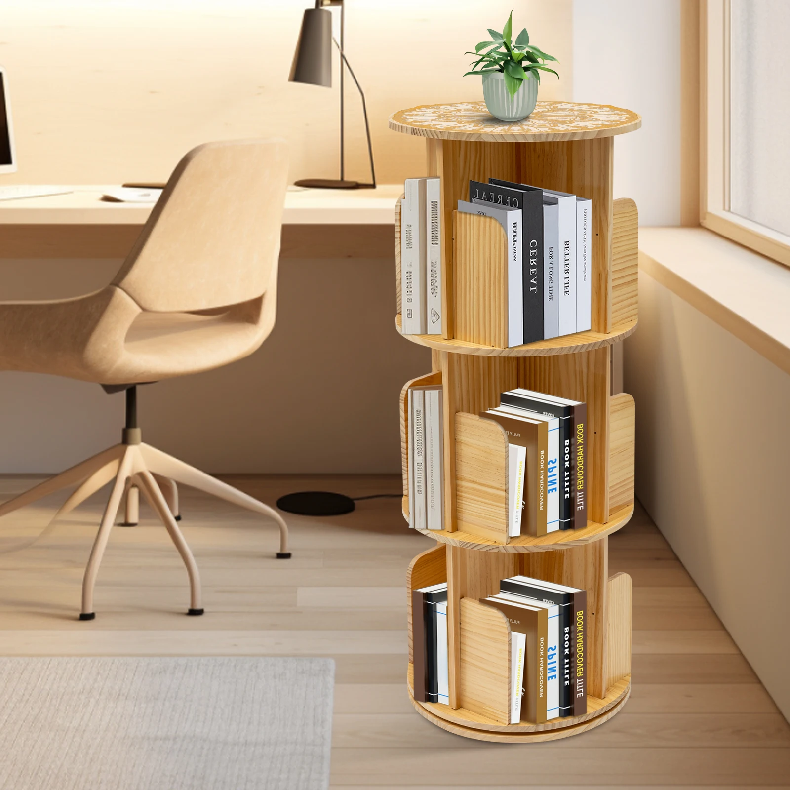 

Rotating Bookcase Floor Standing Book Storage Rack 3 Tier Stand Shelf Living room Furniture