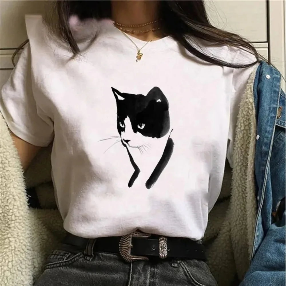 Schönes Katzen-T-Shirt für Frauen, Schwarzes Katzen-Print-T-Shirt, Harajuku-T-Shirt für Frauen, Lässige Mode, Harajuku Kawaii Y2K Kleidung – Detail 5