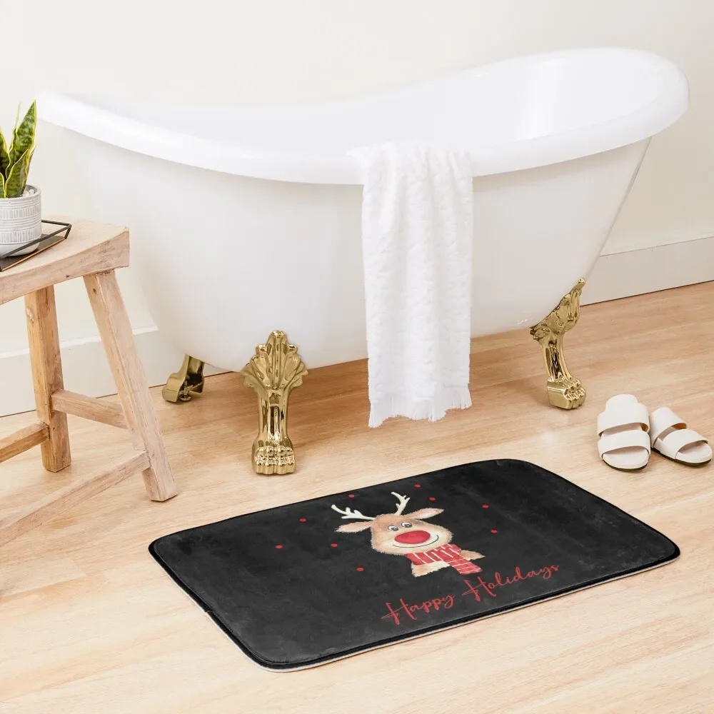 

Happy holidays rudolph reindeer in watercolor Bath Mat Bathroom Foot Bedroom Carpet Slip-Resistant Floors Mat