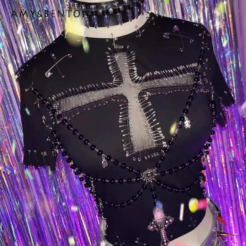 

Панк Европейский Американский Темно-Горячая Девушка Выдалбленная Булавка Сексуальная Женская Футболка Новая Цепочка Из Бисера Круглый Вырез Футболки С Длинными Рукавами Женские