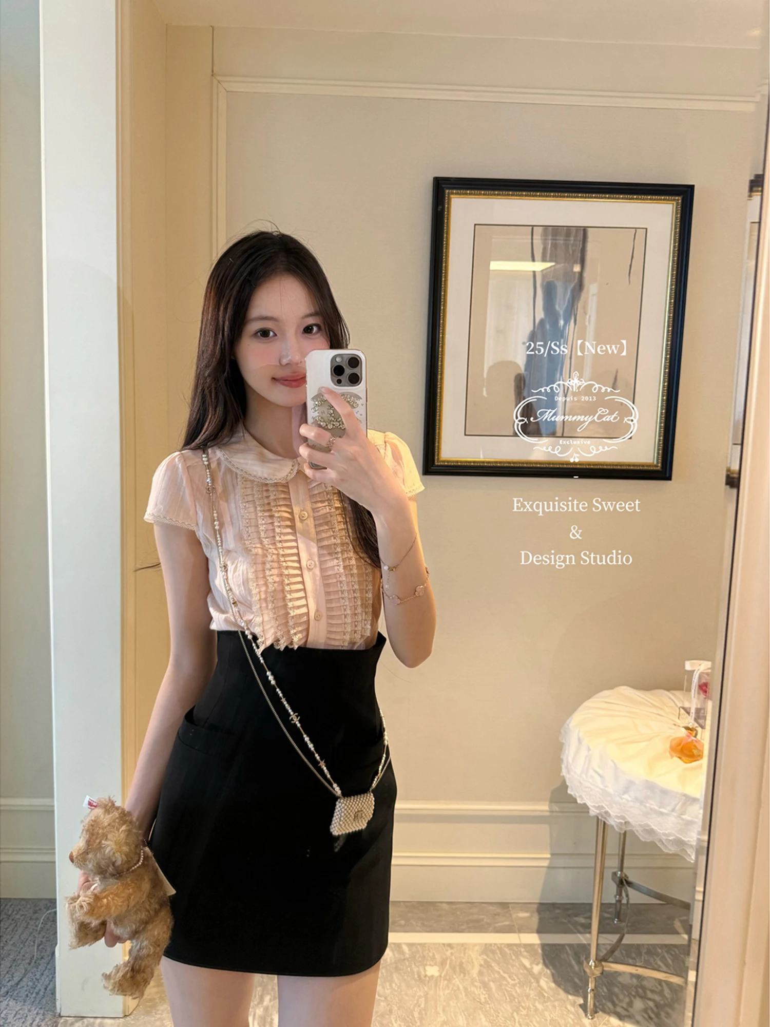 

Mummy Egg Lang Light Transparent Doll Collar Pleated irt Japanese Sle Sweet Sle Slim Fit ort Sve Button up