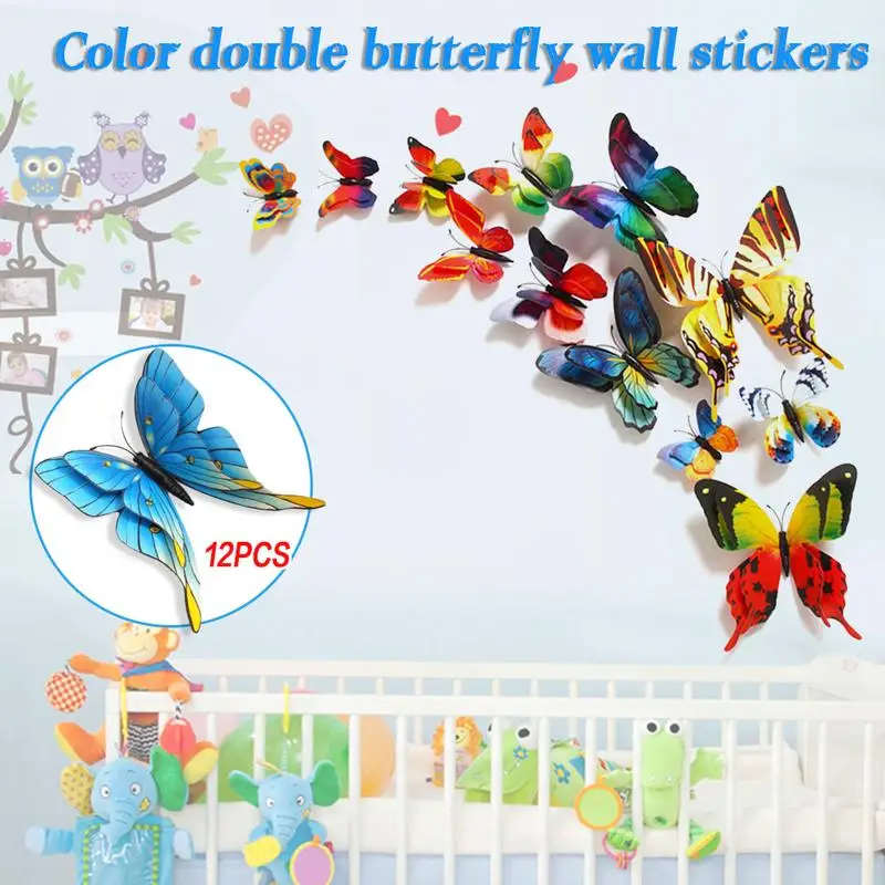 12pcs 3D colored Double Layer Butterfly Wall Stickers Home Room Decoration Butterflies For Wedding Decor Magnet Fridge Decals