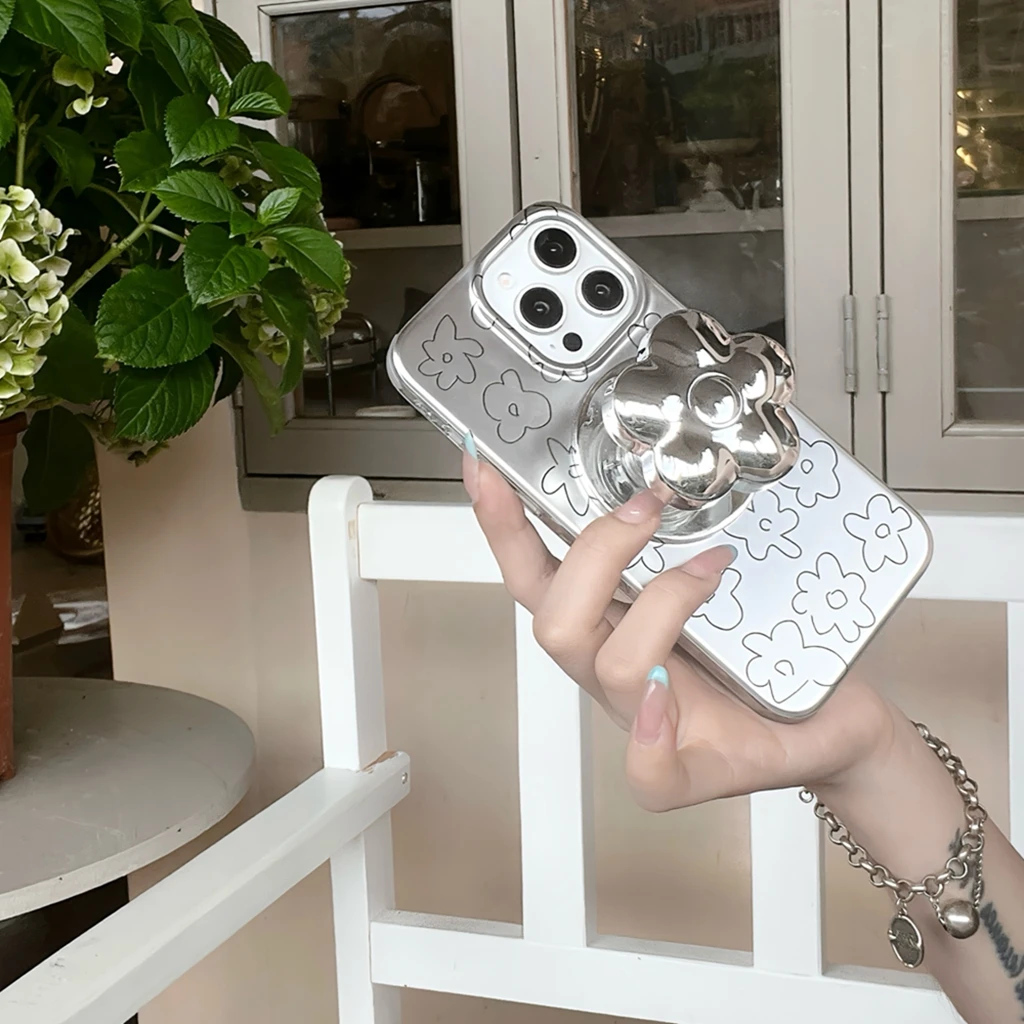 

Глянцевый расширенный матовый металлический чехол с цветком и держателем, магнитный чехол для телефона с беспроводной зарядкой для iPhone 16, 15, 14, 13 Pro Max