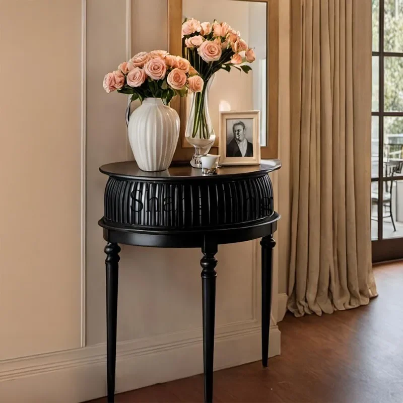 خزانة مدخل من الخشب الصلب ZYY، طاولة شبه مستديرة، طاولة مدخل مدخل سوداء من القرون الوسطى، ديكور طاولة جانبية لغرفة المعيشة #4