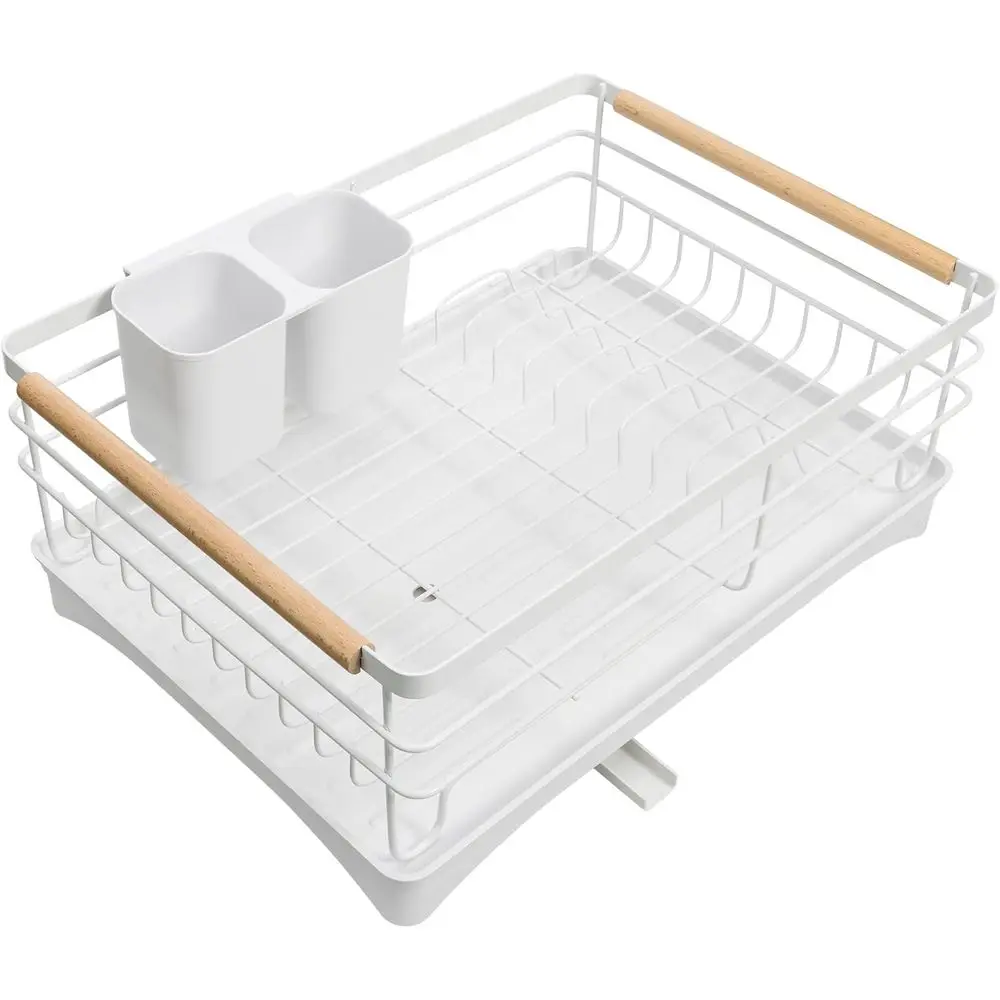 

Подставка для сушки посуды с деревянной ручкой - Металлическая сушилка для тарелок с поддоном для сбора воды - Сушилка для тарелок с держателем для столовых приборов - Для мытья посуды