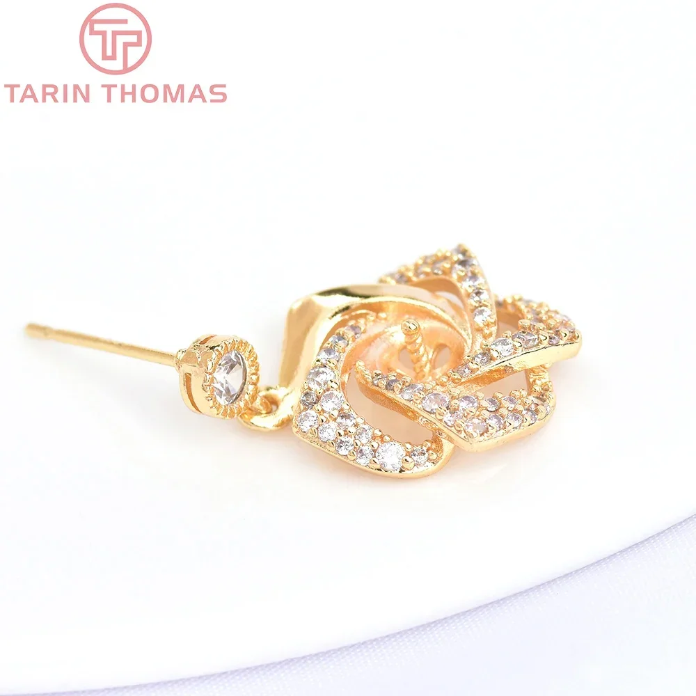 (6136) 2PCS Length 23MM 24K Gold Color Brass with Zircon Rose Stud Earrings High Quality Jewelry Making Findings Accessories