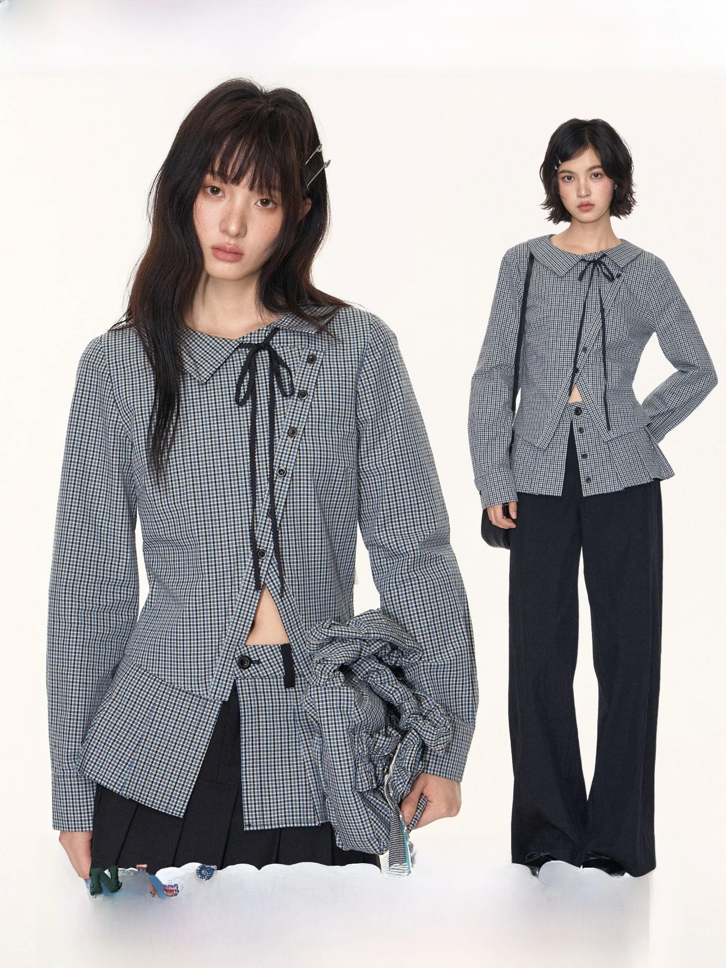 

Original TAKEANAP Nap Time Long Sve Plaid irt Tee Piece Set Plaid A-Line Skirt Autumn Faion Cotton Blend Women's irt