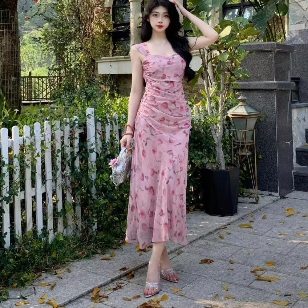 Soft Slim Fit Floral Slim Long Dress Flower Sleeveless Women Long Skirt Streetwear Spicy Girl Korean Camisole Dress Beach