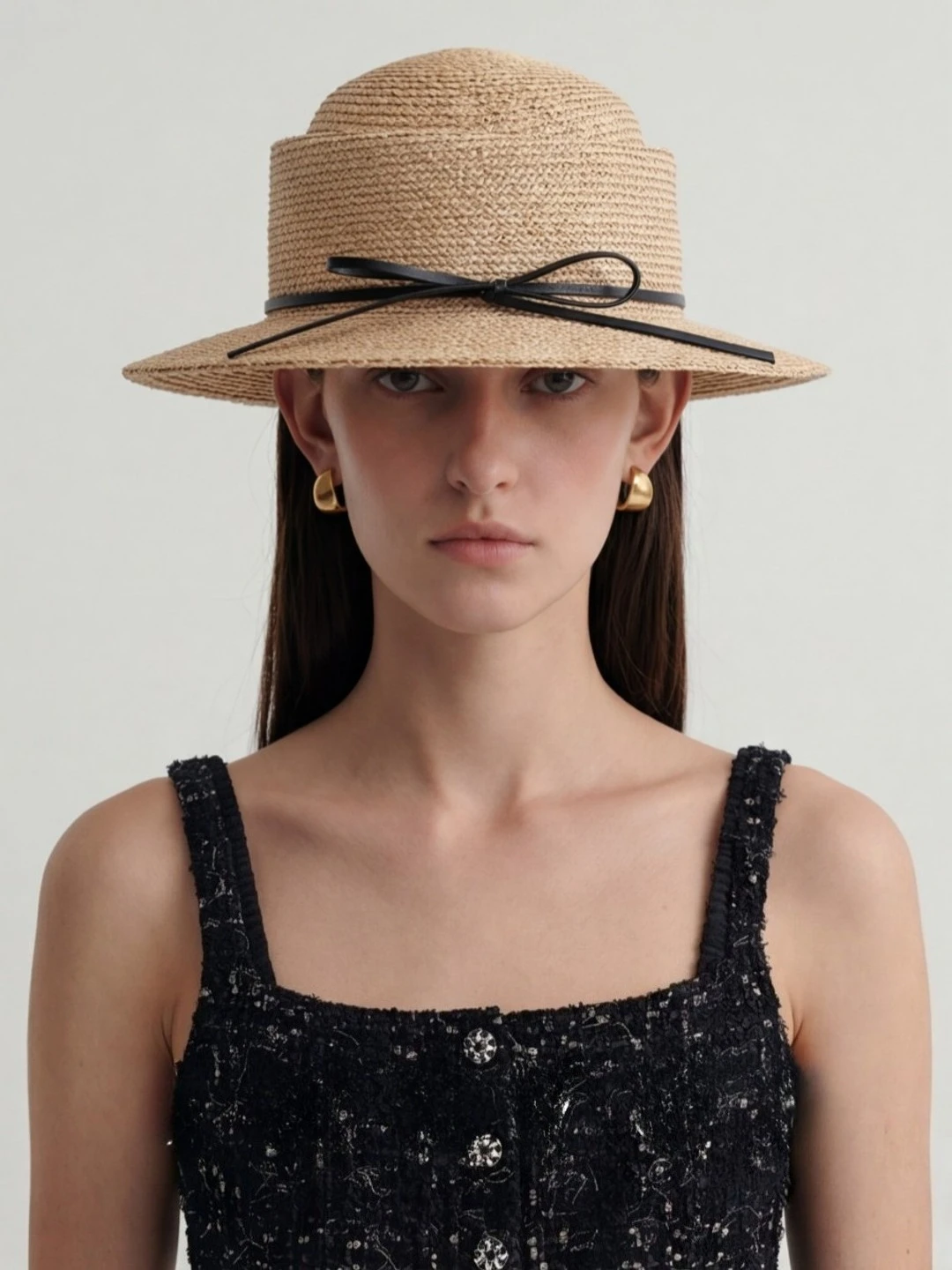 French Style Structured Raffia Hat Women Elegant Straw Sun Hat with Leather Bow Minimalist Summer Cap