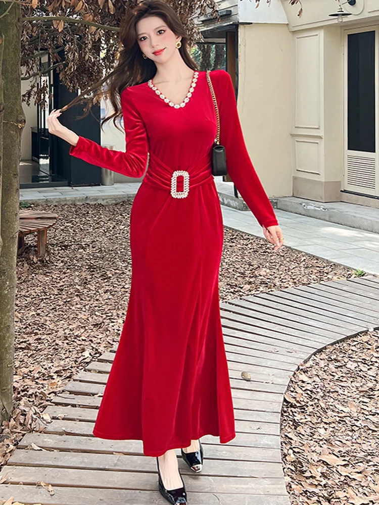 

Высокое качество, роскошное бархатное облегающее вечернее платье с бриллиантовым v-образным вырезом и длинными рукавами, женское весеннее элегантное тонкое вечернее платье во французском стиле