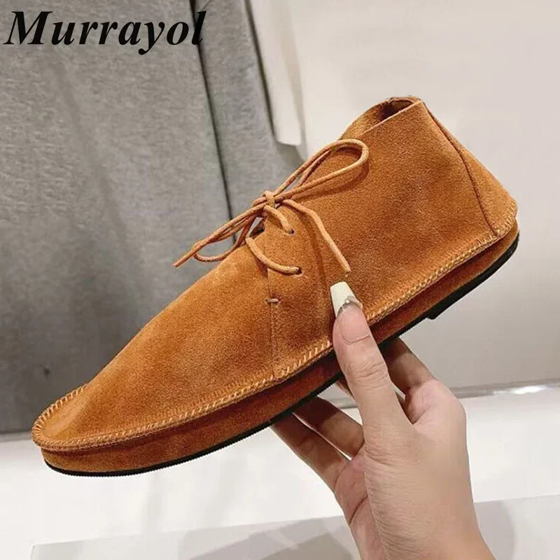 

Round Toe Solid Color Retro Casual Shoes Women Cow Suede Lace Up Flat Shoes Spring Autumn Soft Sole Single Shoes Ankle Boots