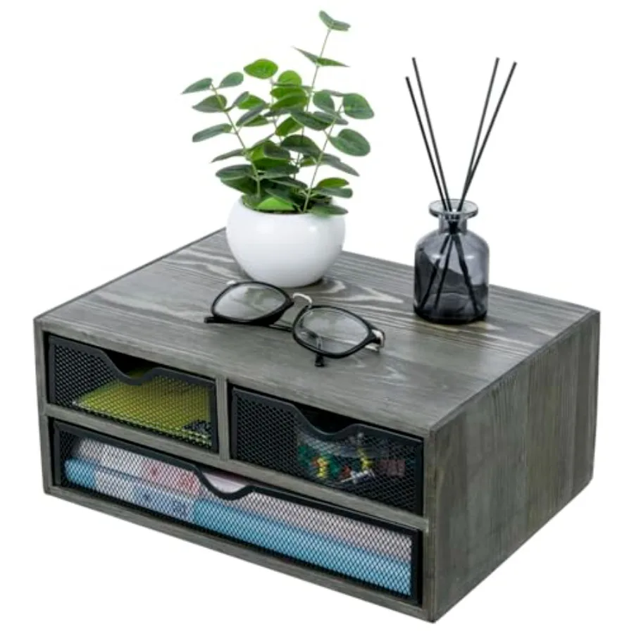 

Настольный органайзер из состаренного массива дерева с 3 съемными черными металлическими сетчатыми лотками, ящики для хранения офисных принадлежностей