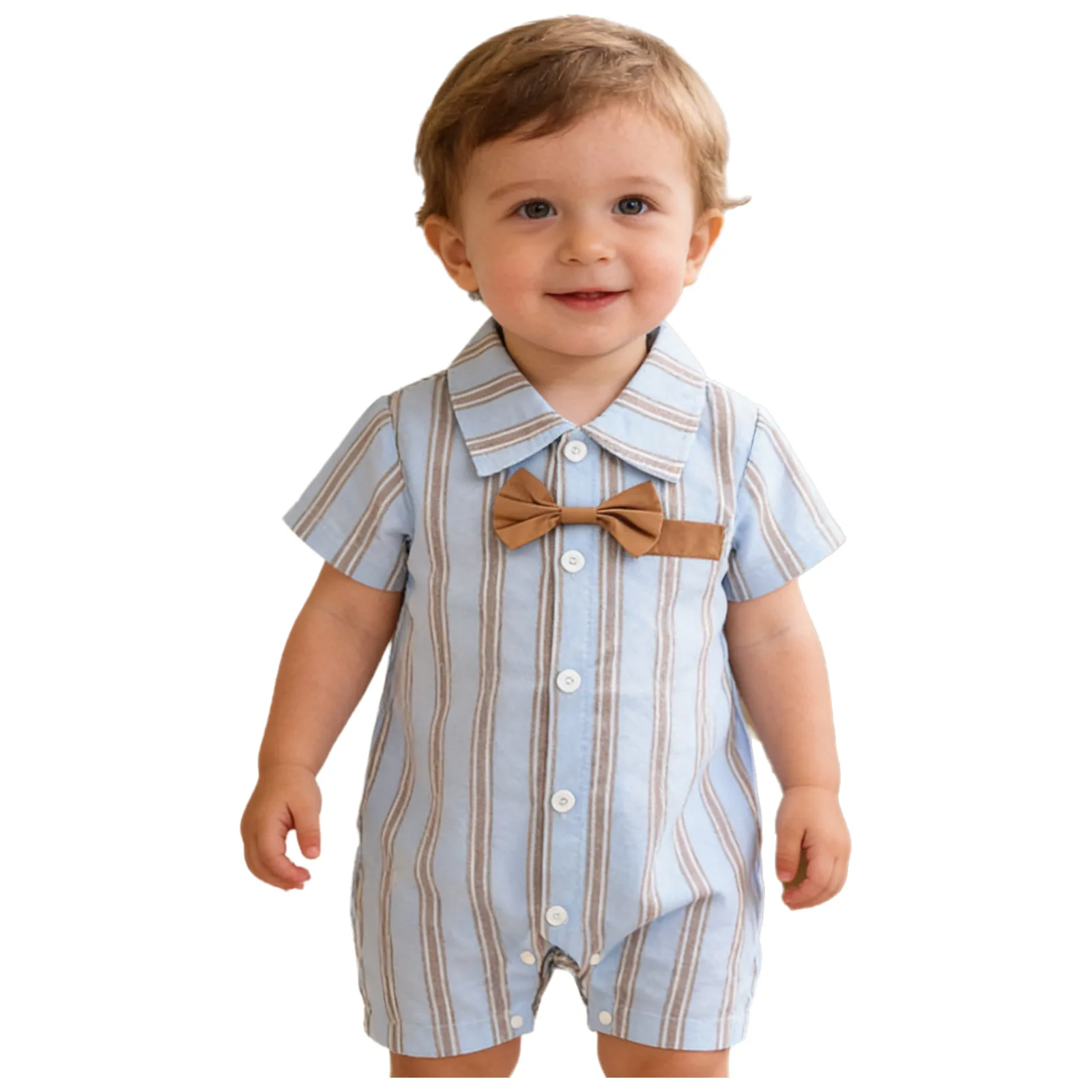 

Летний комбинезон для маленьких мальчиков в британском стиле, джентльменский комбинезон с короткими рукавами, полосатый комбинезон с галстуком-бабочкой и пуговицами, костюм для дня рождения, свадьбы