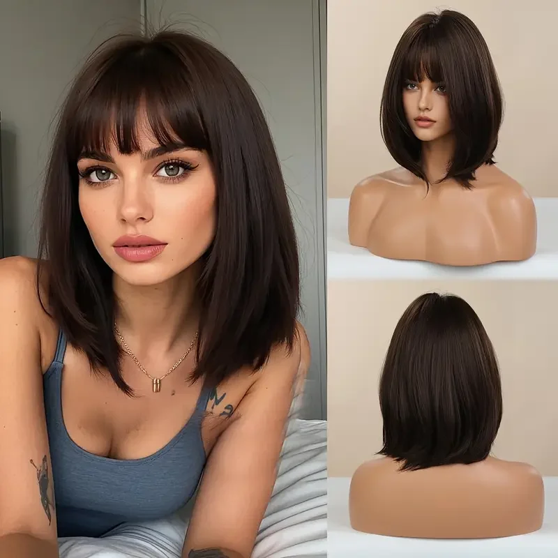 

Natural Brown Bob Cute Synthetic Wig with Bangs Shoulders Length Straight Wigs for Women Daily Party Fake Hair Heat Resistant