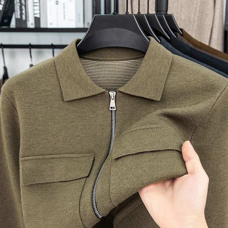 الرجال الفاخرة سترة مشغولة من الصوف طويلة الأكمام التلبيب سميكة سستة جيب مزدوج بلون الخريف الشتاء موضة الرجال عادية #1