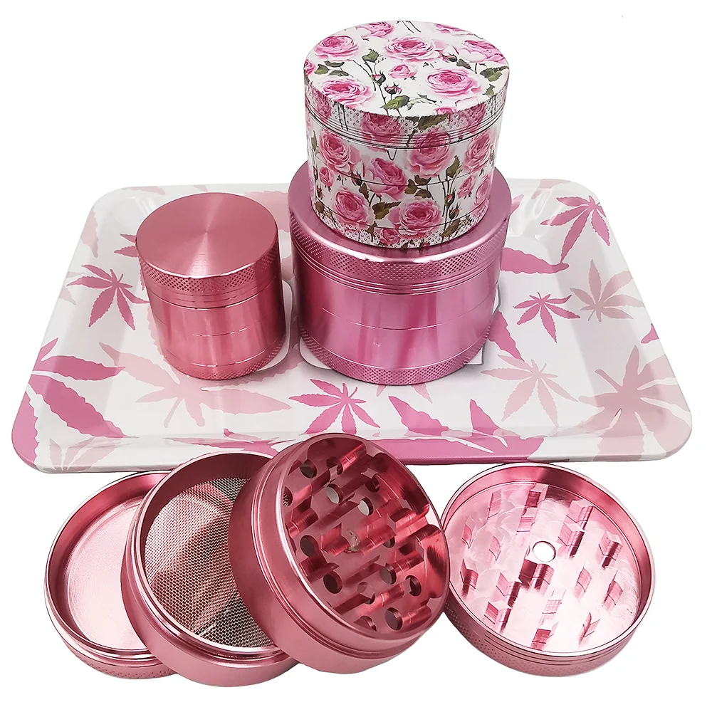 Pink Set Rolling Tray Plate 40MM 50MM 63MM Aluminum Alloy Smoke Grinder 4 Layers Metal Silicone Ashtray Tobacco Grinder