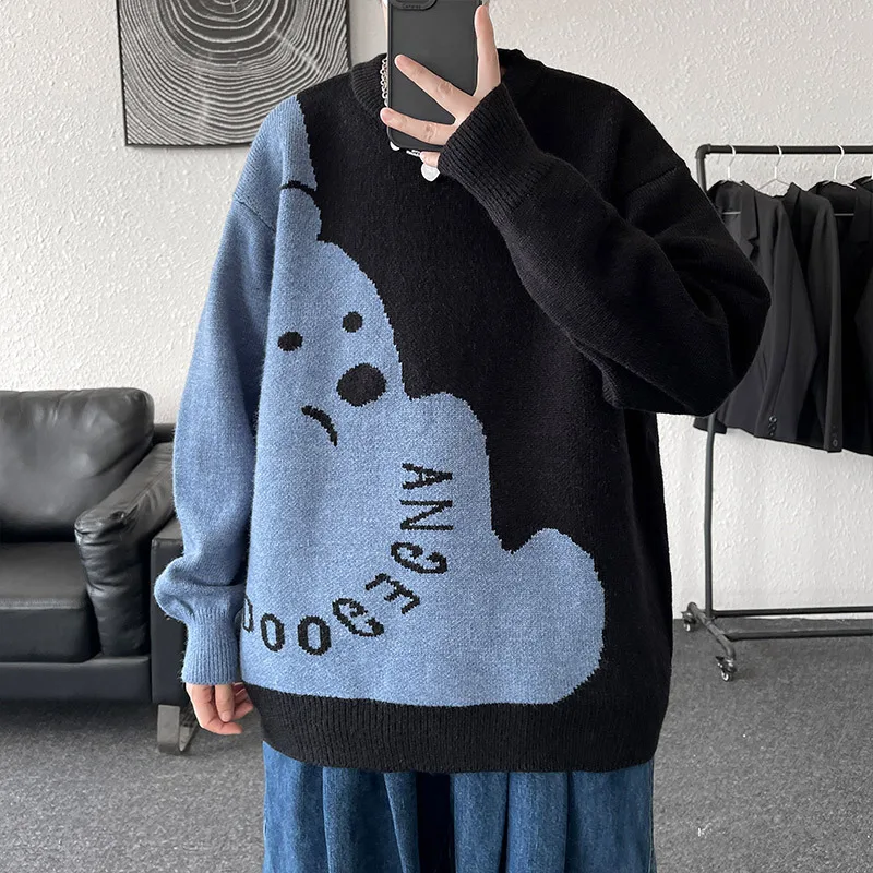 

Knit Sweater Men Oversize Pull Homme Male Knitted Sweater Pullover Jumper Harajuku Casual Streetwear Autumn Cartoon Men Sweaters