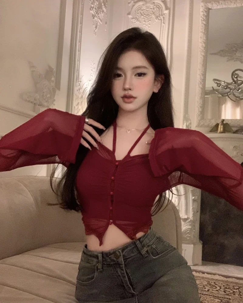 

Sexy Women Shirt Fashion Summer Two Piece Set Gauze Lace Crop Blouses Tunic Vest Outfits Roupas Femme Korean Y2k Clothing