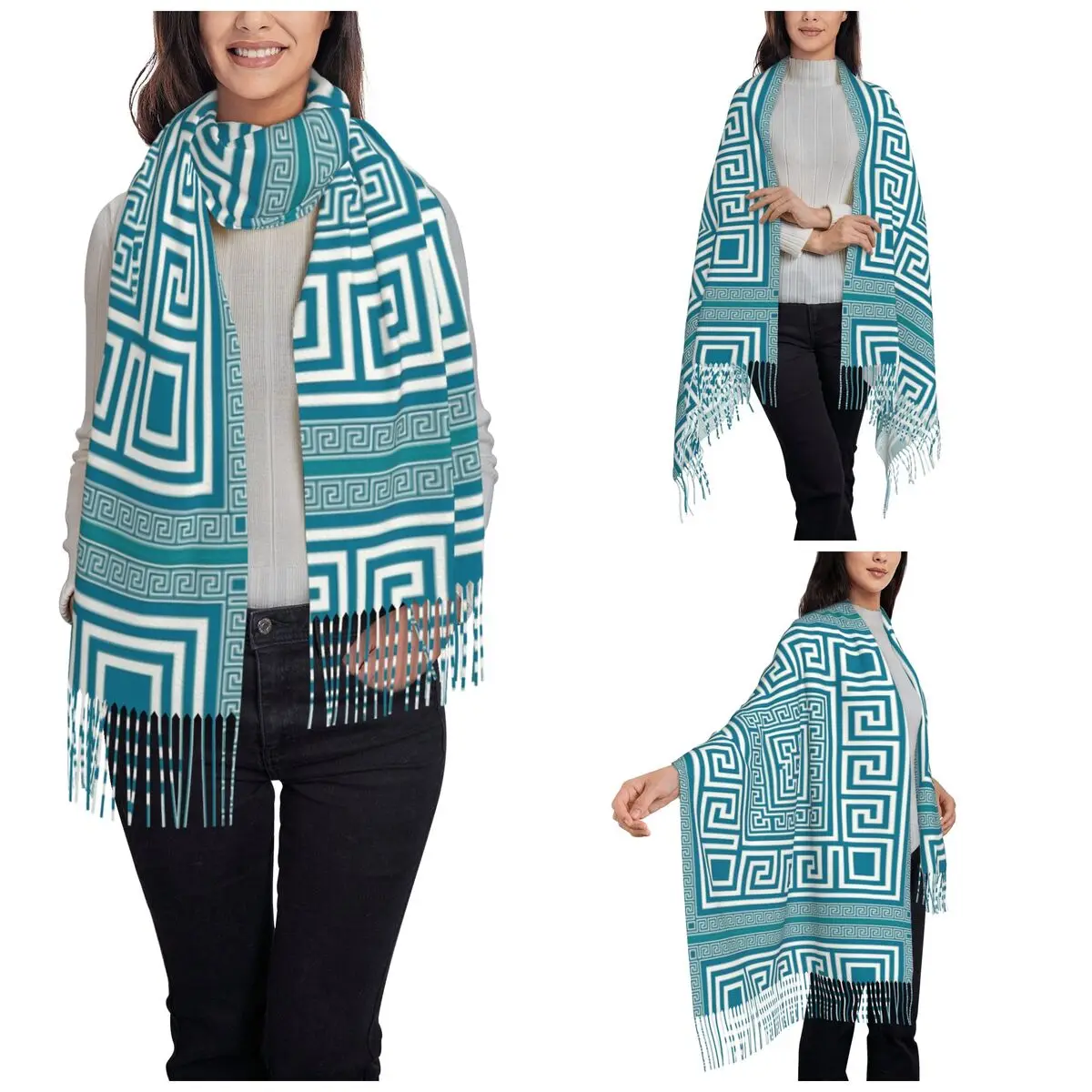 Greek Key Ornament Scarf for Womens Warm Winter Cashmere Shawls and Wrap Long Large Shawl Scarf for Daily Wear