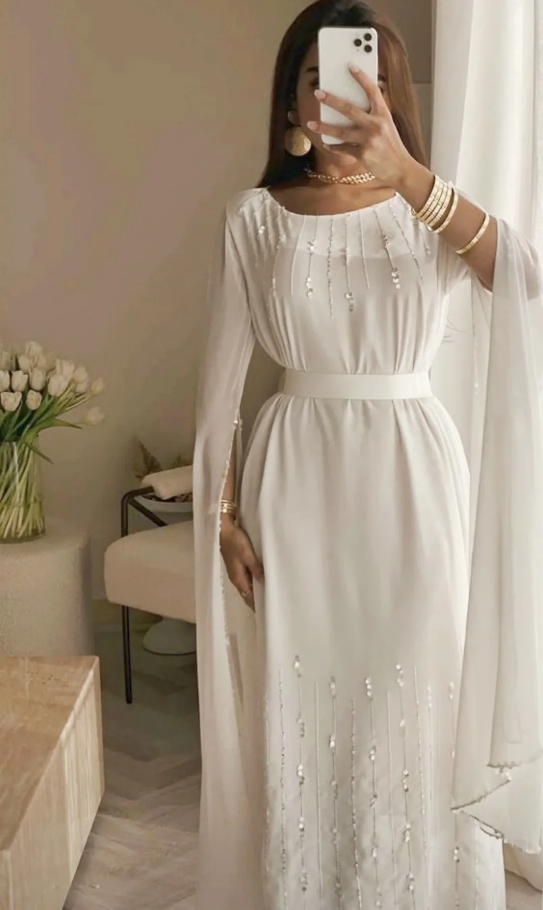 

Merida White Sequins Sash Saudi Arabia Prom Dresses Chiffon Long Sleeves Elegant Party Dresses For Women 2023