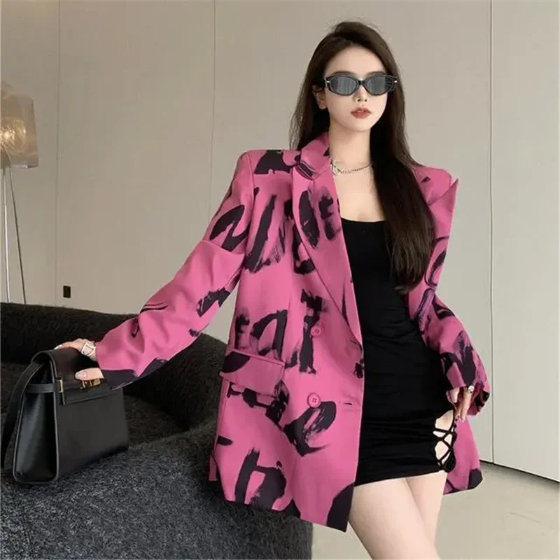 Spring Autumn Blazer For Women 2024 New Fashion Leisure Thin Money Coat Printing Vintage Double-Breasted Rose Outerwear Female