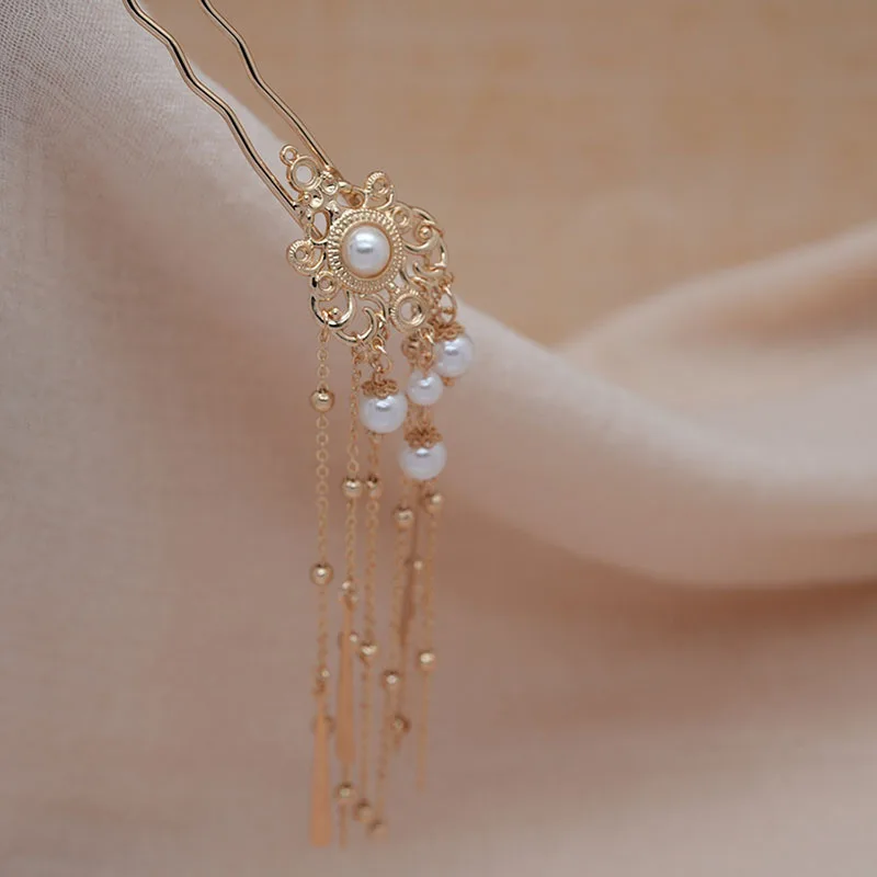 Chinesische Perlen-Quasten-Haarnadel, elegantes Hanfu-Qipao-Haar-Accessoire mit schüttelnder kleiner U-förmiger Palast-Haarnadel für den täglichen Gebrauch – Detail 7