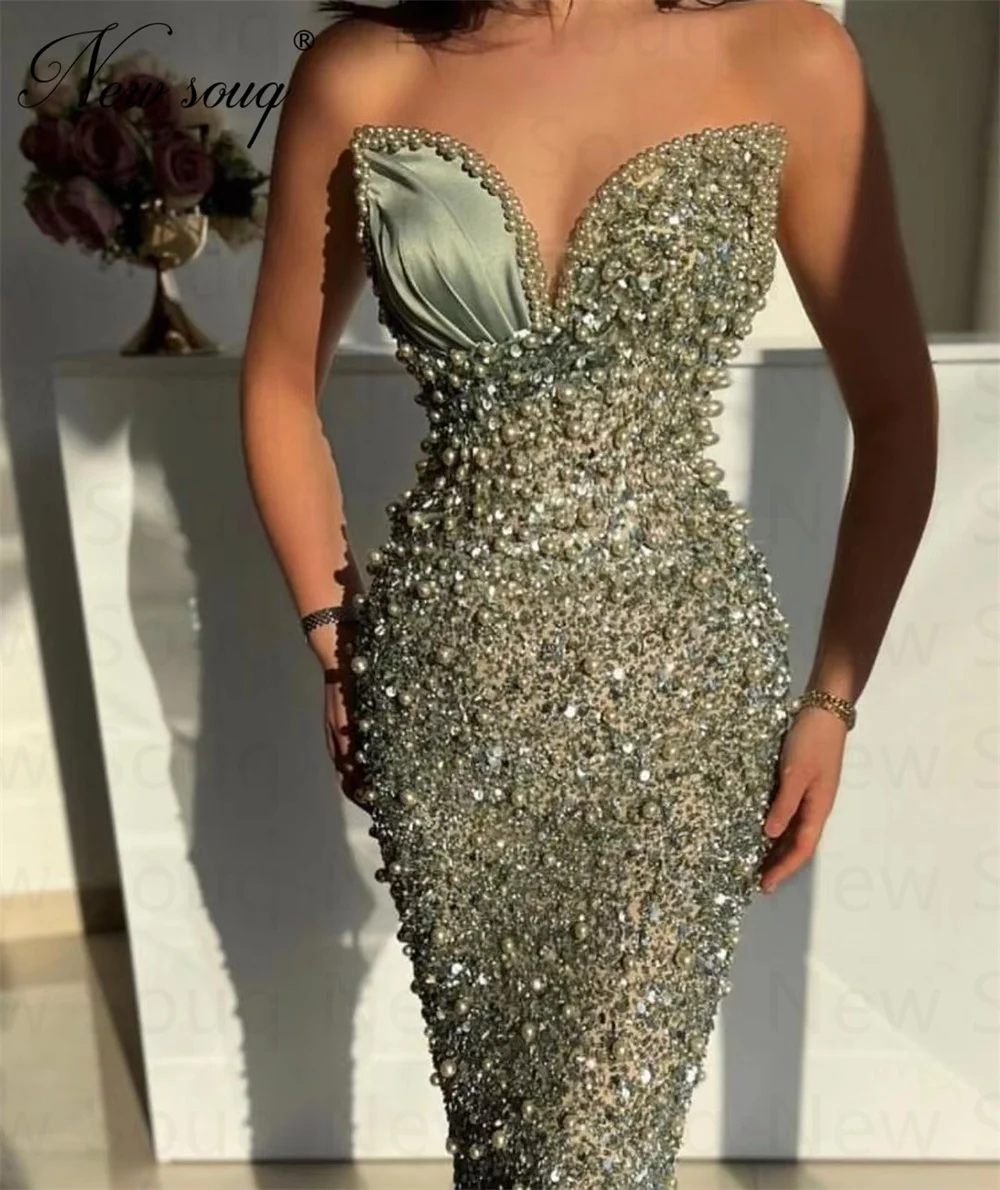 Elegant Green Mermaid Pearls Evening Dresses 2023 New Fashion Dubai Couture Sequins Long Wedding Party Dress Women Prom Dress