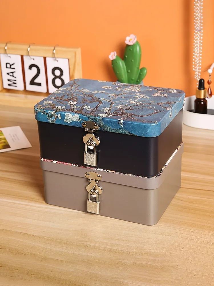 Household Desktop Storage com bloqueio, armazenamento Tin Box, senha de bloqueio, jóias e cosméticos