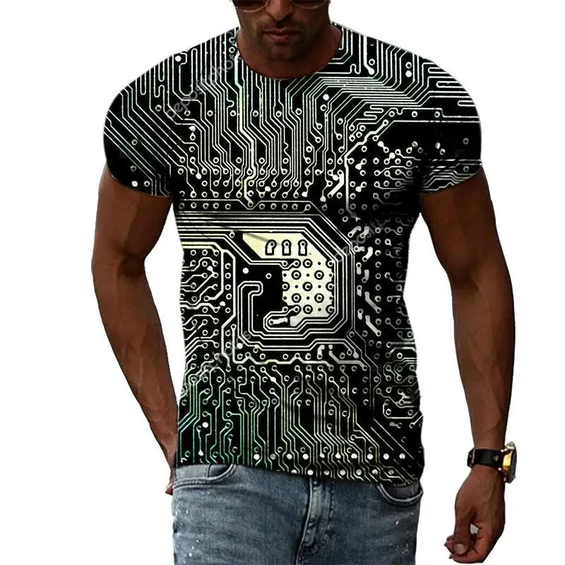 New Tide Summer Fashion Circuit Board Picture T-shirts Casual Print Tees Hip Hop Personality Round Neck Short Sleev Tops