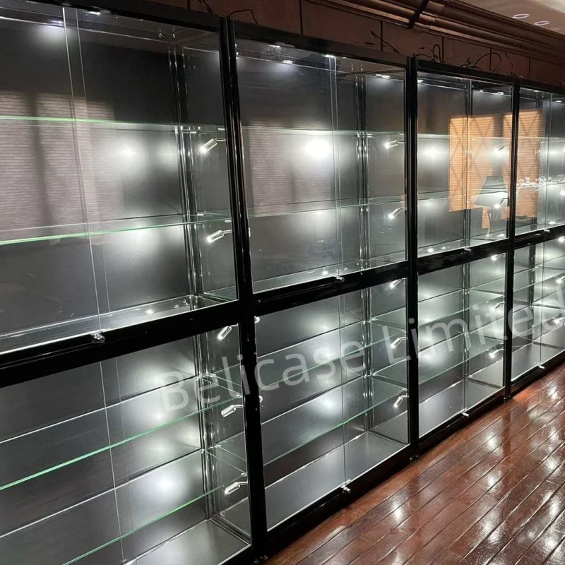 

Custom, retail boutique shop furniture full aluminum frame lockable showcase glass display cabinet with LED lighting