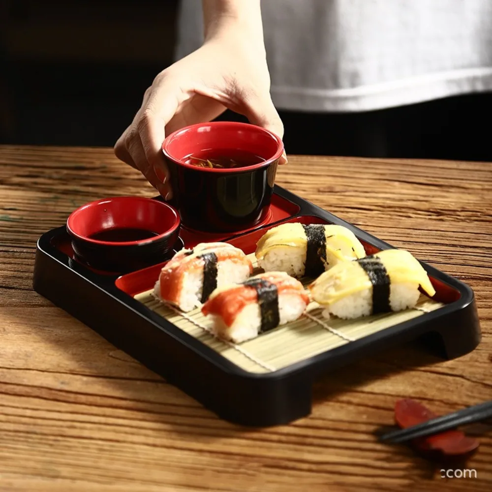 Plato de Fideos Fríos Estilo Japonés con Tapete de Bambú, Bandeja de Plástico para Sushi, Plato Multiusos Moderno para Fideos Soba, Ideal para Fiestas