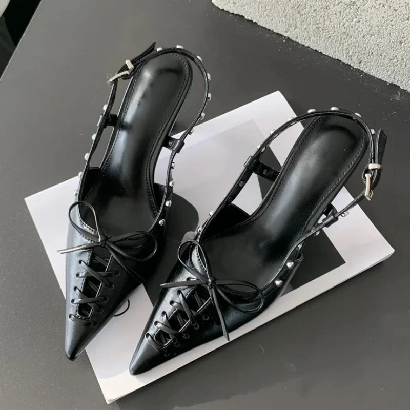 

Street Style Metallic Rivets Buckle Strap Women Pumps Pointed Toe Thin Heels Party Stripper Mules Female Shoes Zapatos De Mujer