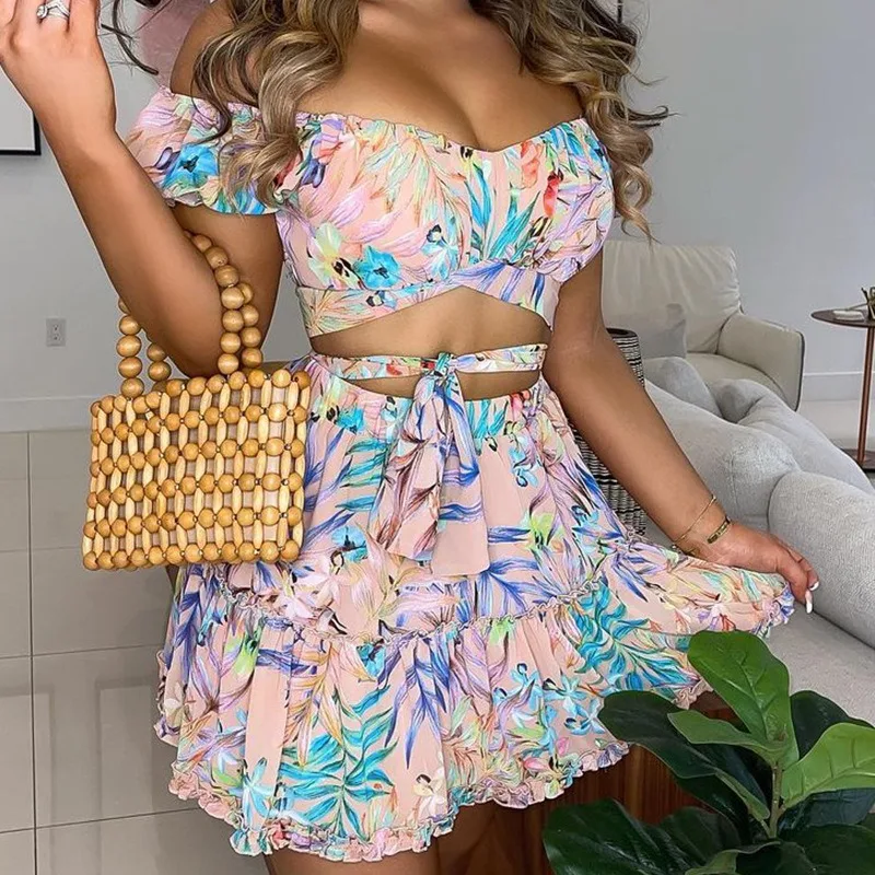 2024 Summer New Women\'s Clothing Floral Floral-Print off-Shoulder Short Top Skirt Suit Two-Piece Set