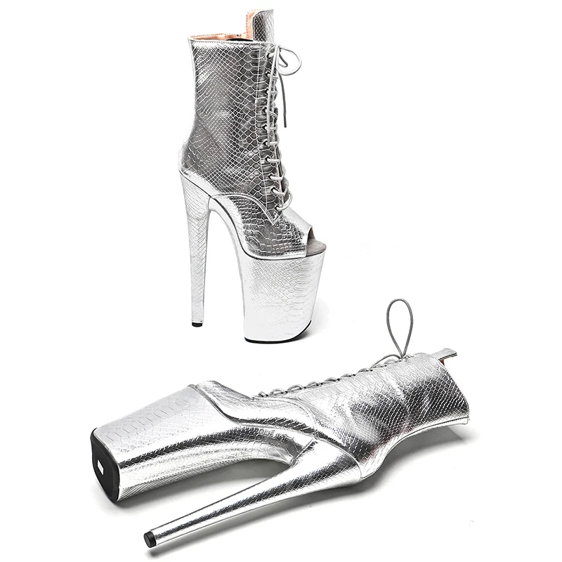 Leecabe  23CM/9inches  Snake PU  Upper silver color  Fashion trend  open toe  High Heels Pole Dance boot