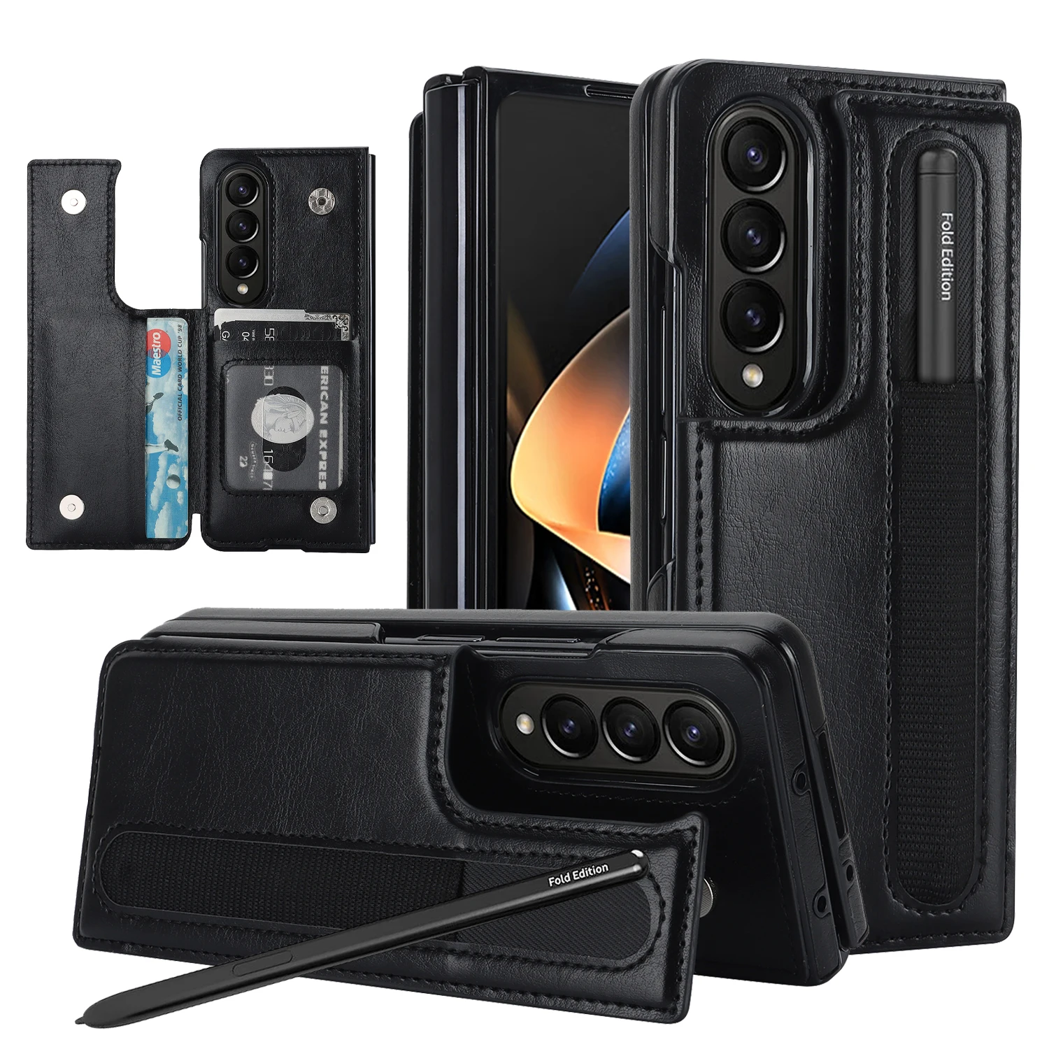 For Galaxy Z Fold 5 Case with S Pen Holder PU Leather Magnetic Stand Folio 3 Card Slot Wallet Cover for Samsung Z Fold 4 Fold3