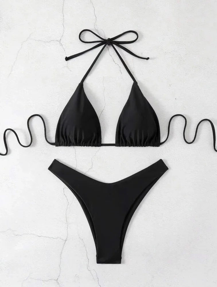 

2025 New Bikini Set Women Sexy Simple Solid White/Black/Coffee Halter Bikini Swimsuit Lace Up Brazilian Beach Bathing Suit