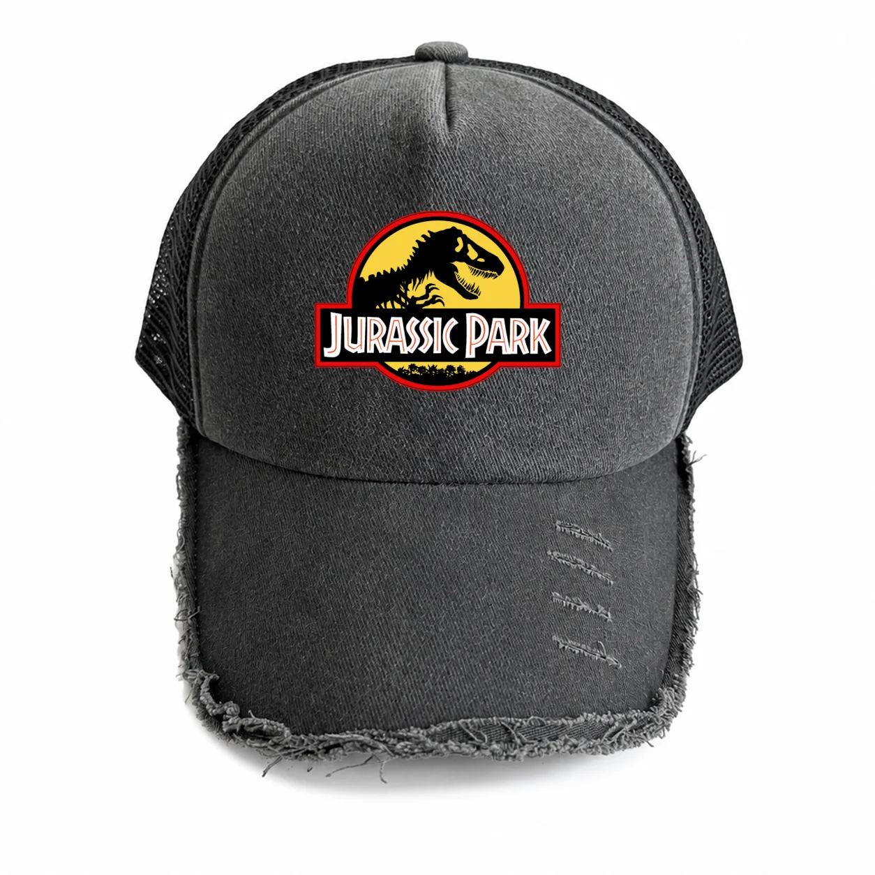 Gorra de béisbol de malla desgastada estilo camionero vintage de la película Jurassic Park con diseño de dinosaurio, ajustable con cierre a presión, regalo para fans HM-001