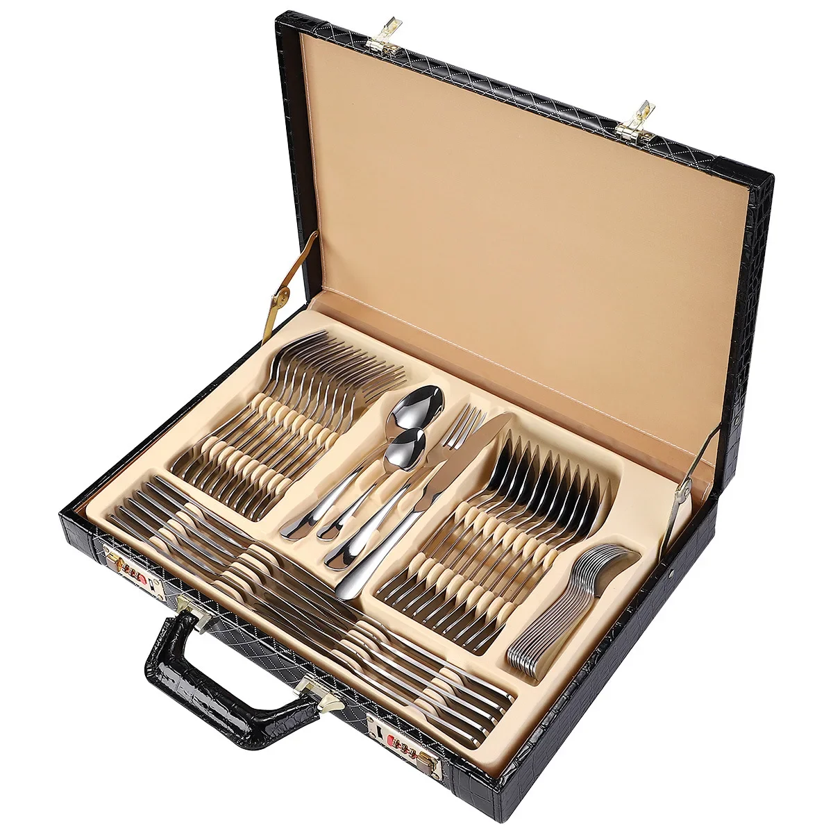 

#New thickened stainless steel tableware 48-piece set 1010 four main pieces steak knife fork spoon leather box gift box set